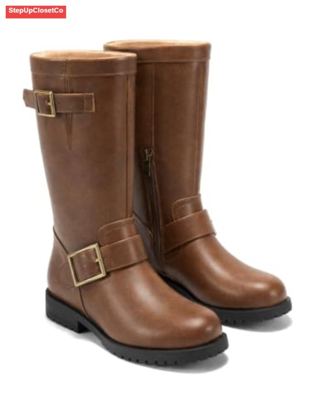 Mid Calf Combat Boots Low Heel Zipper Motorcycle Biker Boots Faux Leather - Picture 1 of 6